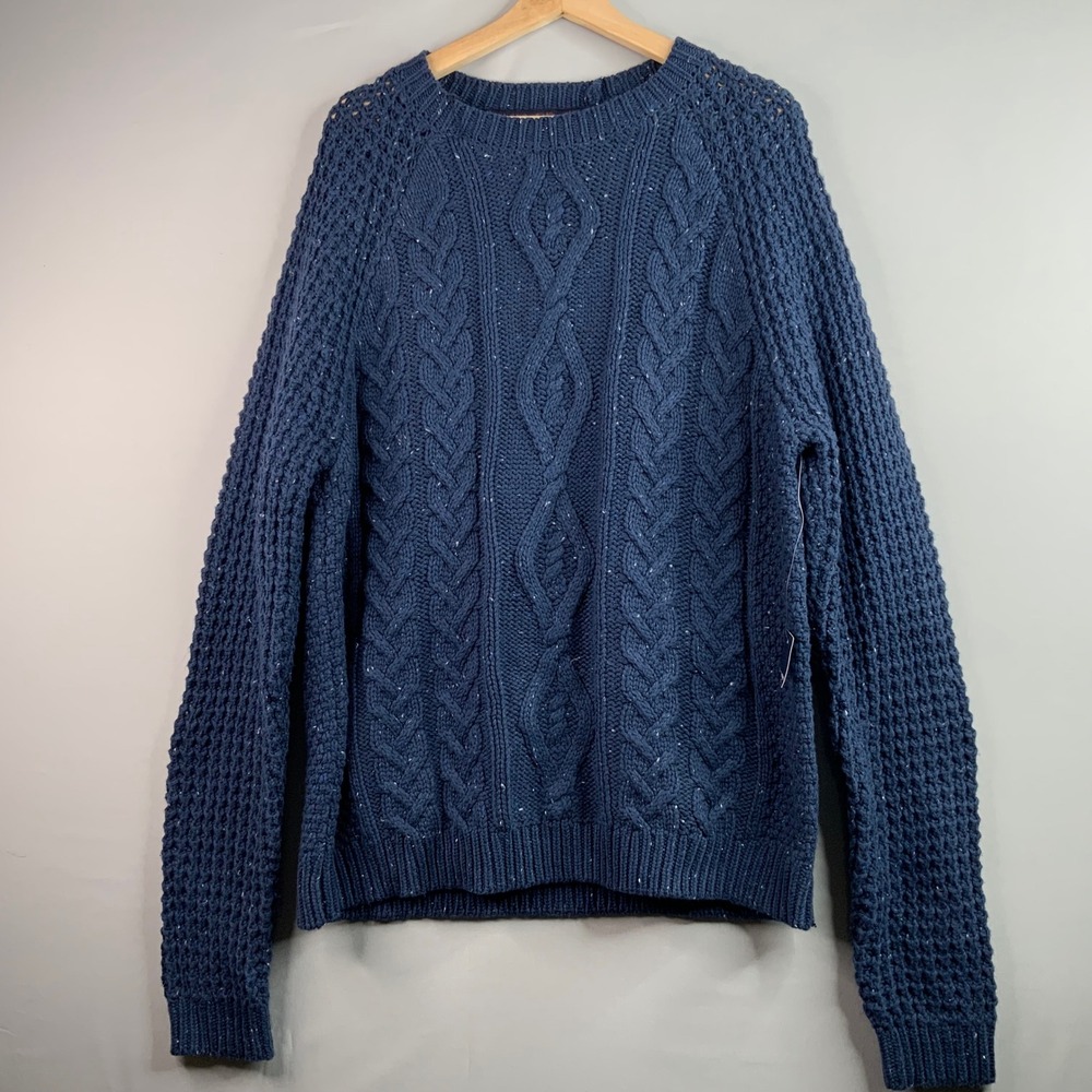 Lucky Brand Mens Navy Blue Cable Knit Sweater With‎ Sparkle Accents Size L